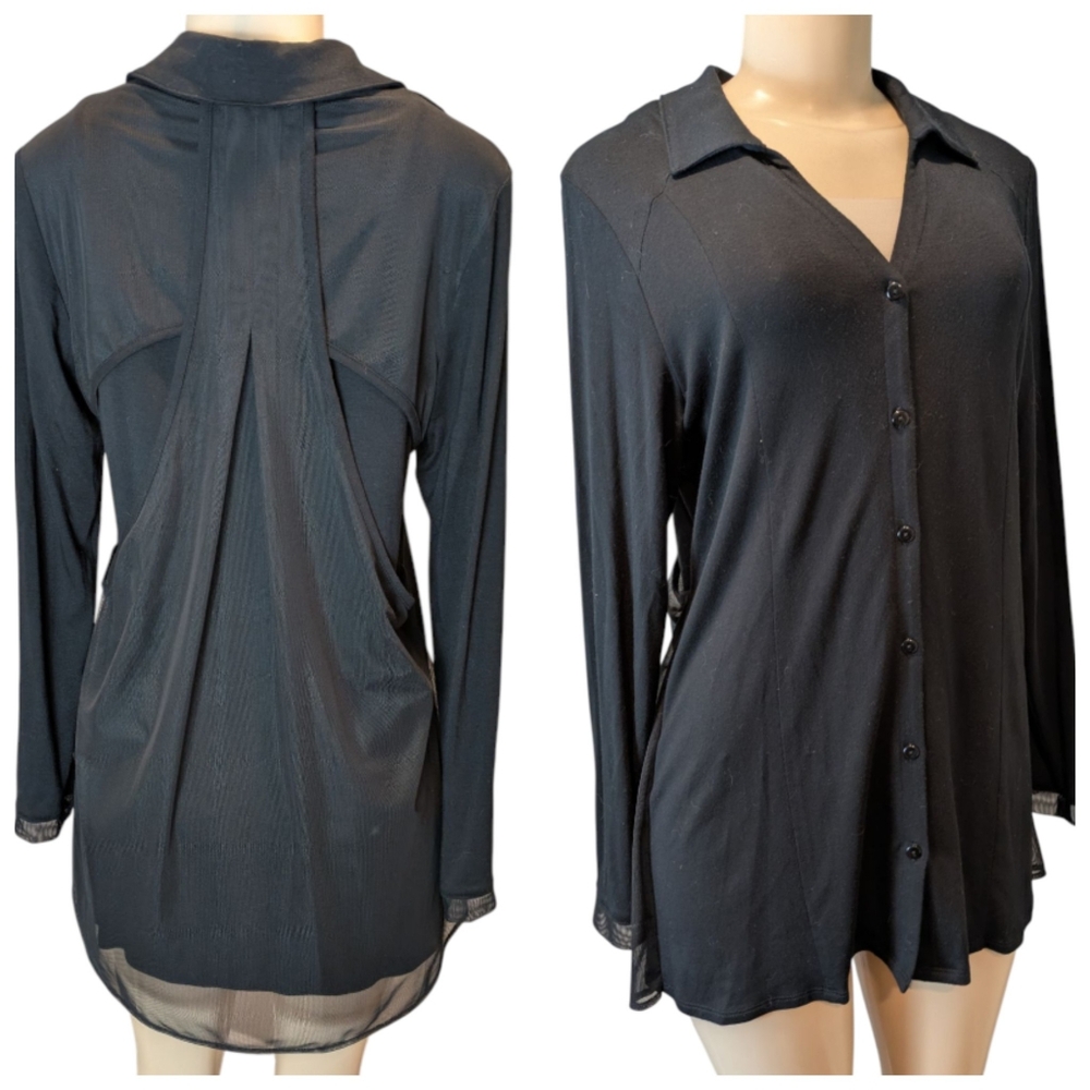 Zoe Black Button Down Long Sleeve Tunic Length Mesh Overlay Top Women's Medium